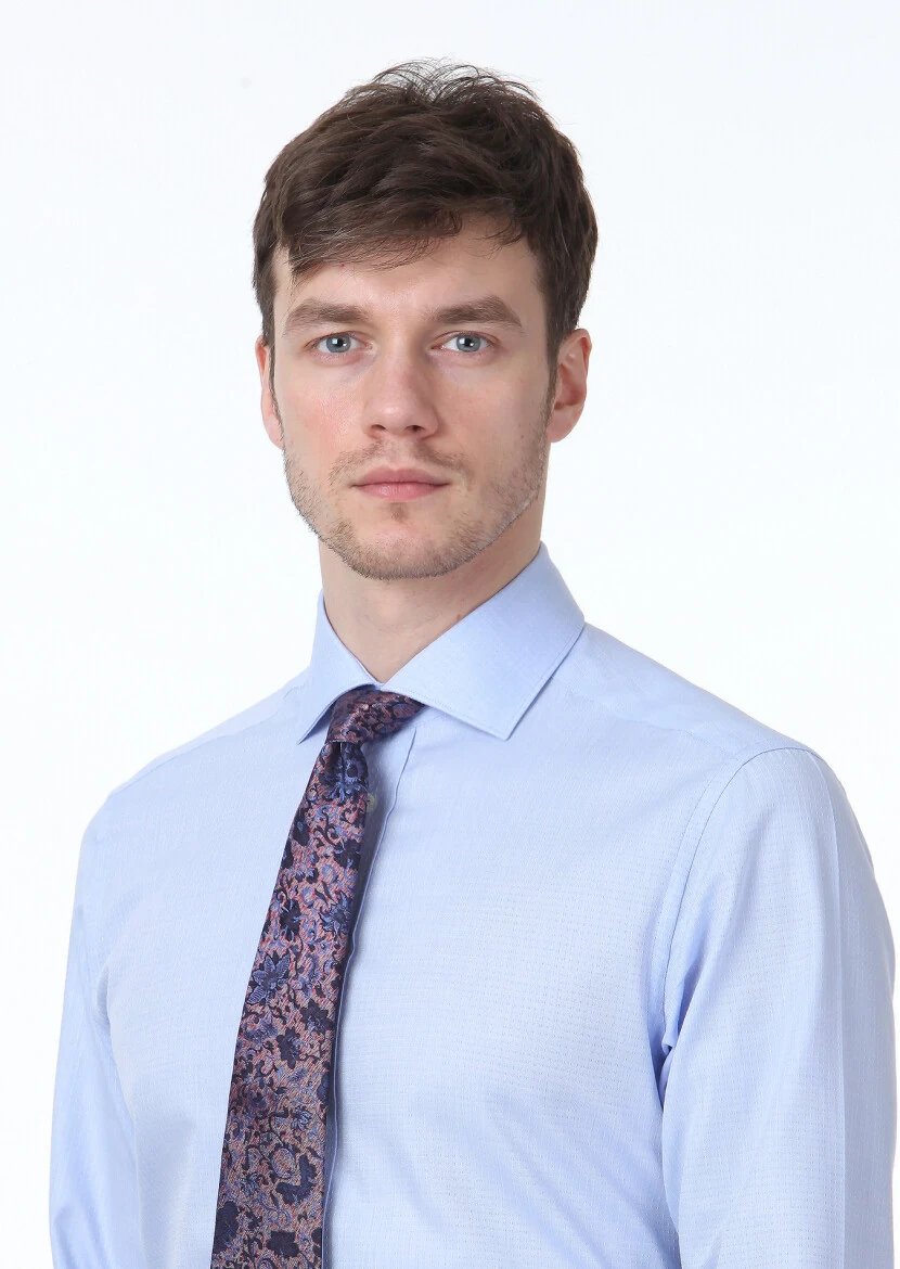 Blue Micro Regular Fit Weaving Classical 100% Cotton Shirt - 3