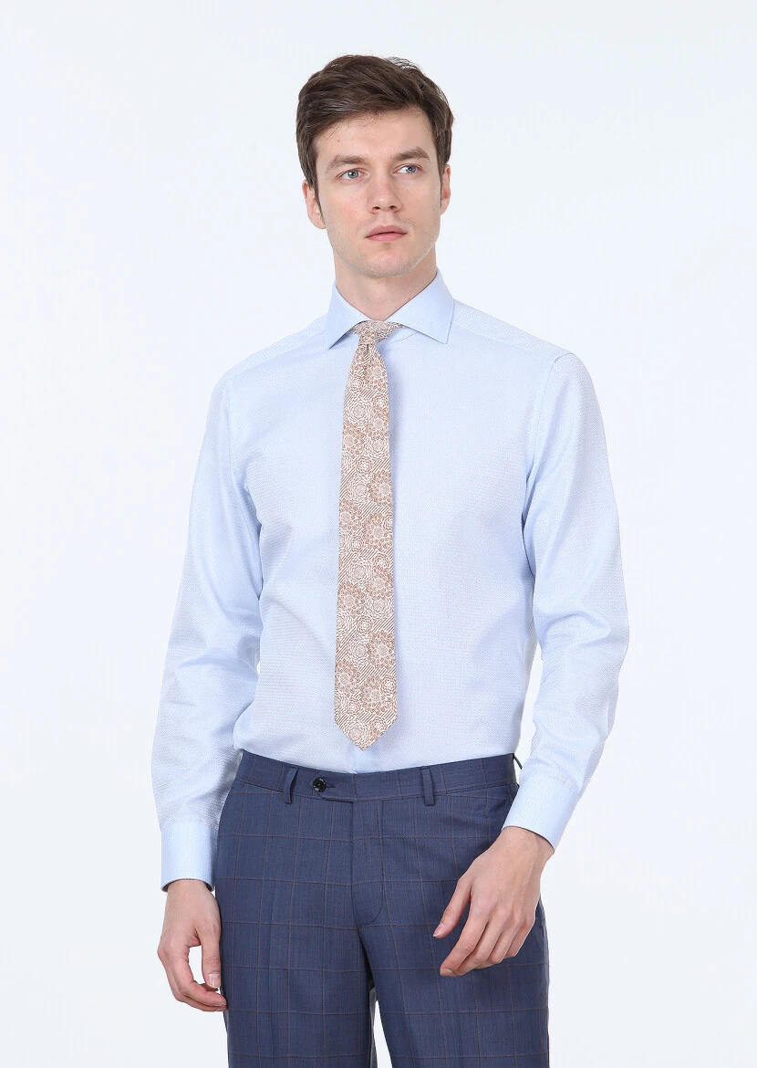 Blue Micro Regular Fit Weaving Classical 100% Cotton Shirt - 1