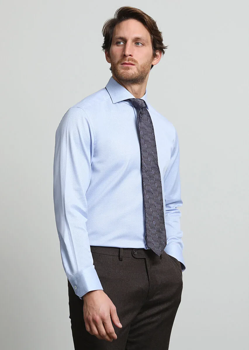 Blue Micro Regular Fit Weaving Classical 100% Cotton Shirt - 1