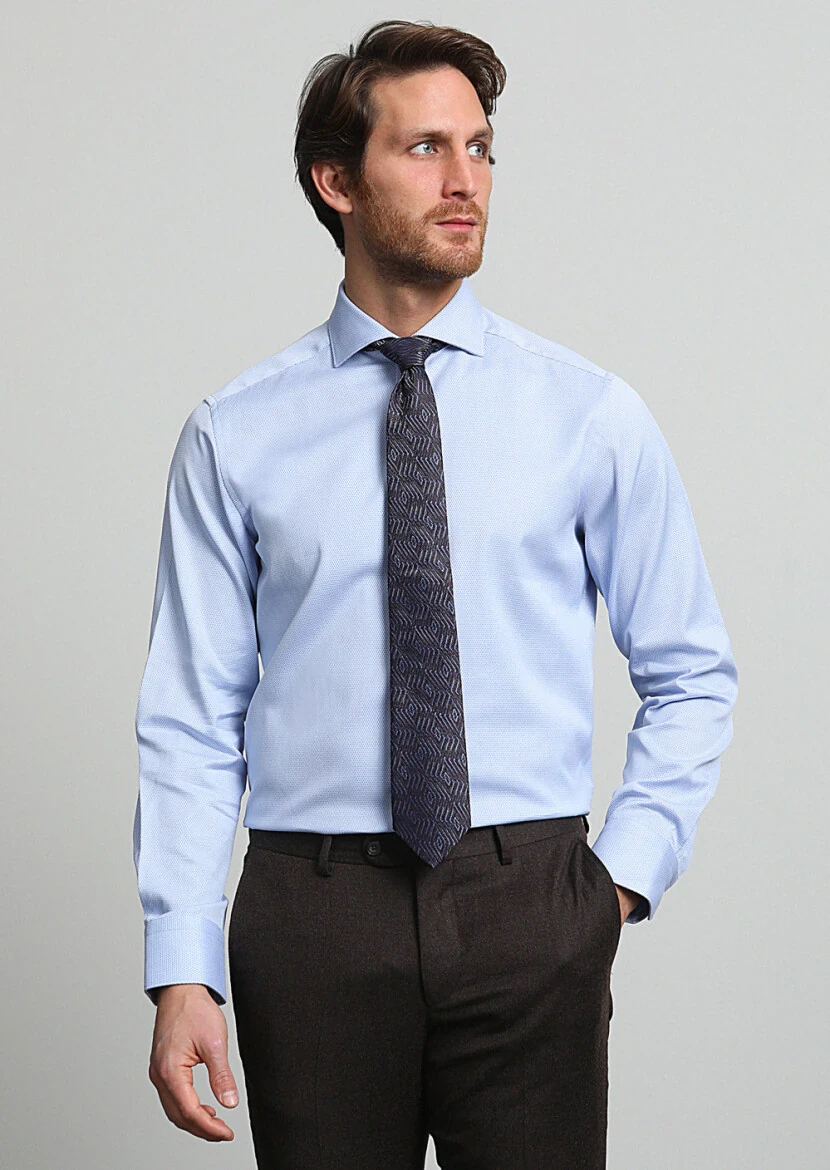 Blue Micro Regular Fit Weaving Classical 100% Cotton Shirt - 3