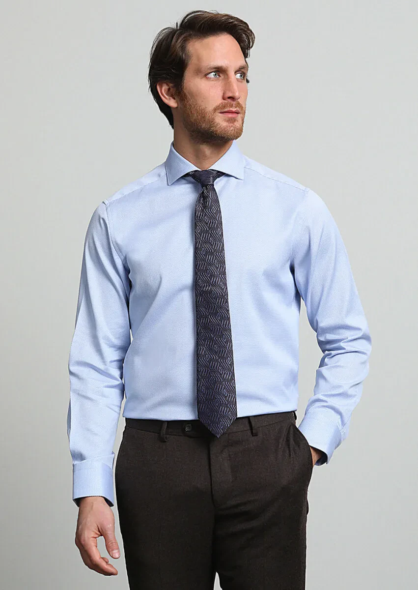 Blue Micro Regular Fit Weaving Classical 100% Cotton Shirt - 3