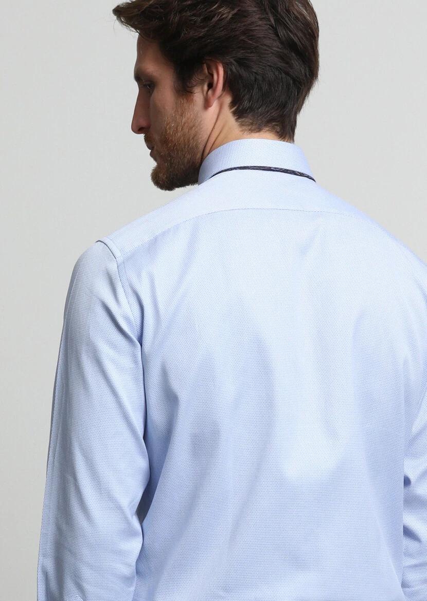 Blue Micro Regular Fit Weaving Classical 100% Cotton Shirt - 4