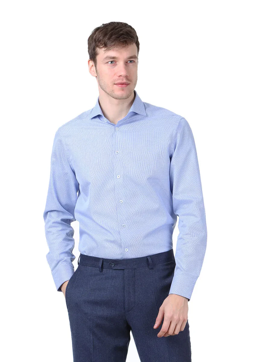 Blue Micro Regular Fit Weaving Classical 100% Cotton Shirt - 1