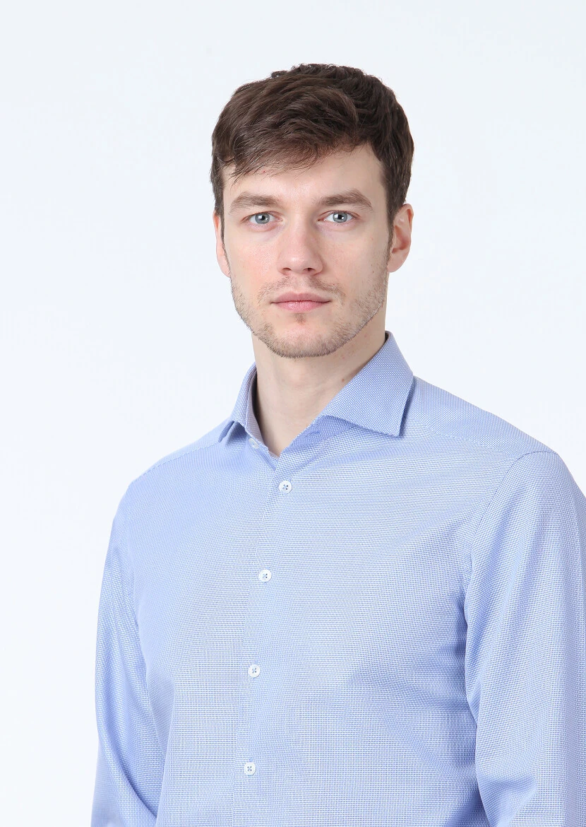 Blue Micro Regular Fit Weaving Classical 100% Cotton Shirt - 2