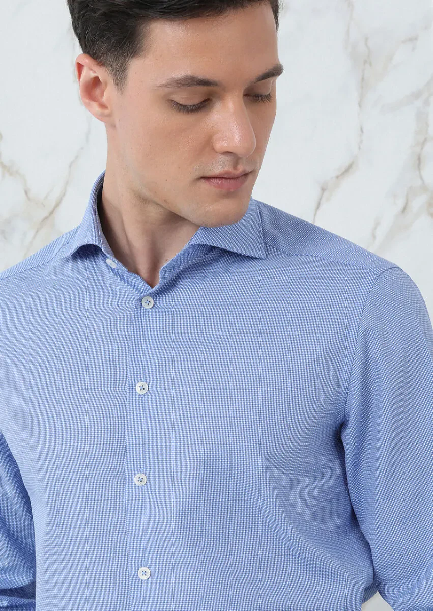 Blue Micro Regular Fit Weaving Classical 100% Cotton Shirt - 1