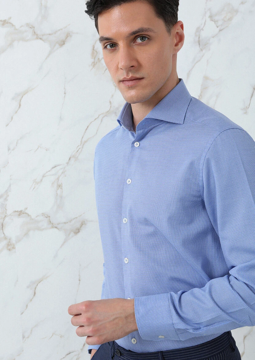 Blue Micro Regular Fit Weaving Classical 100% Cotton Shirt - 3