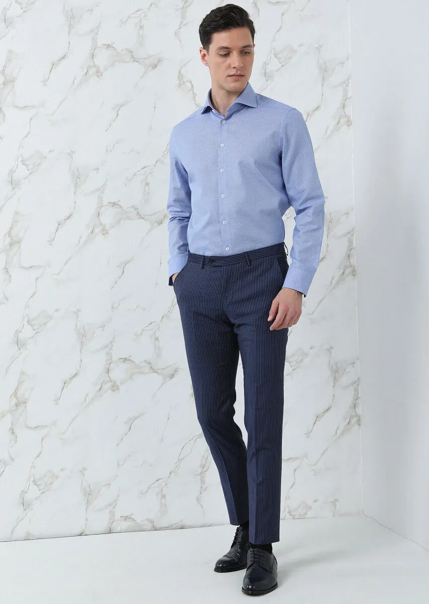 Blue Micro Regular Fit Weaving Classical 100% Cotton Shirt - 4