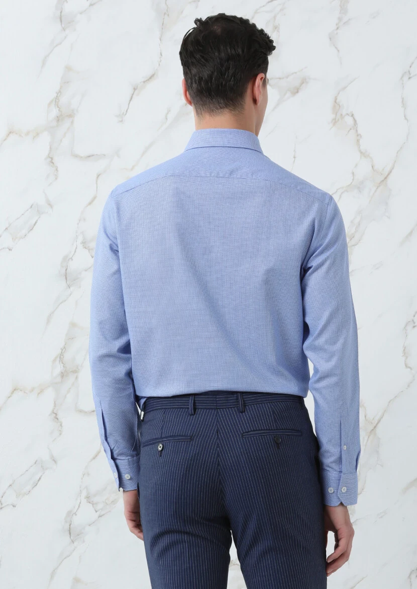 Blue Micro Regular Fit Weaving Classical 100% Cotton Shirt - 5