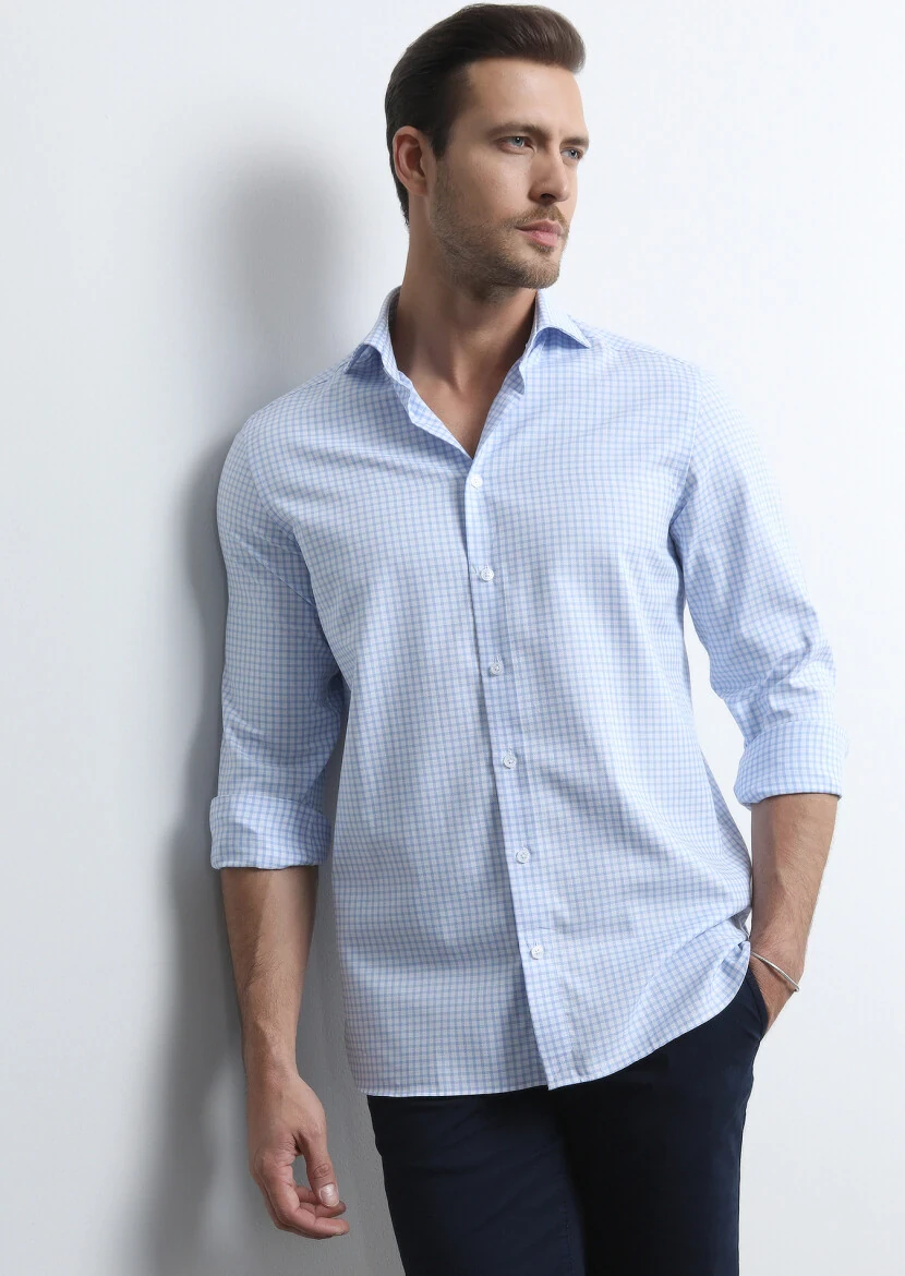 Blue Micro Regular Fit Weaving Classical 100% Cotton Shirt - 1