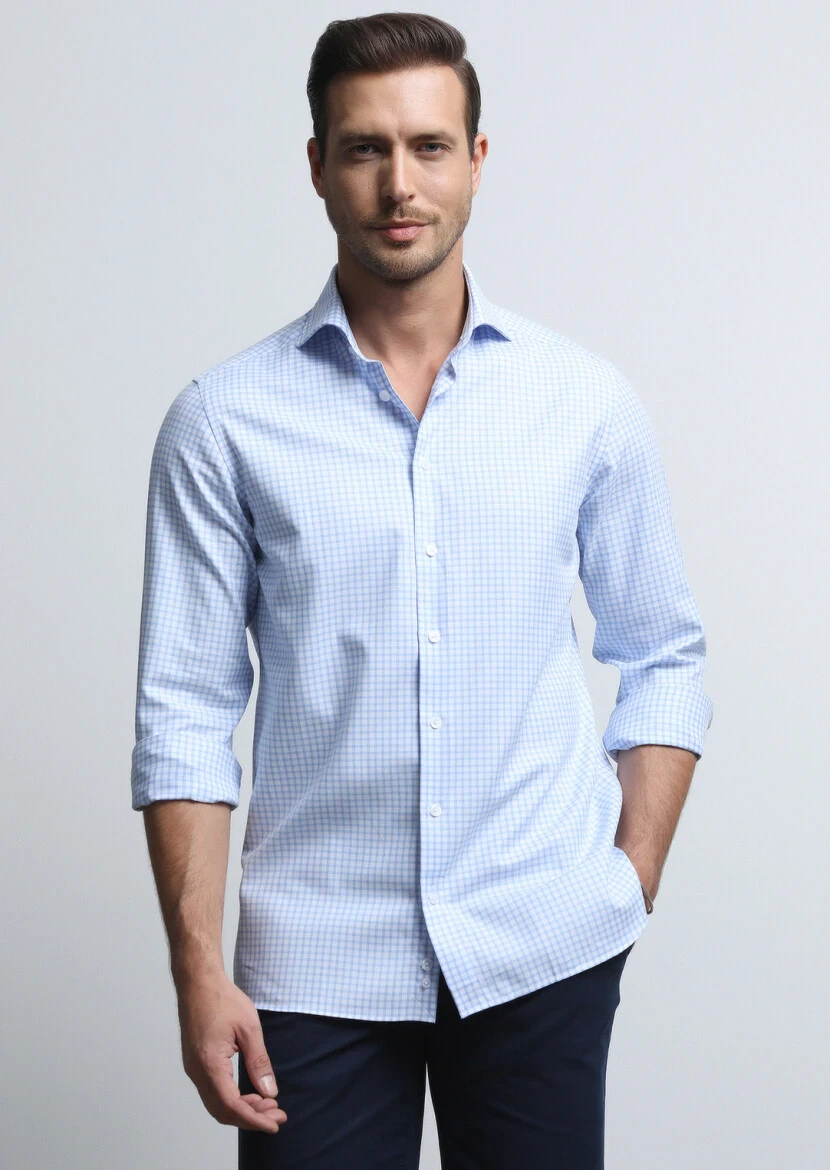 Blue Micro Regular Fit Weaving Classical 100% Cotton Shirt - 2