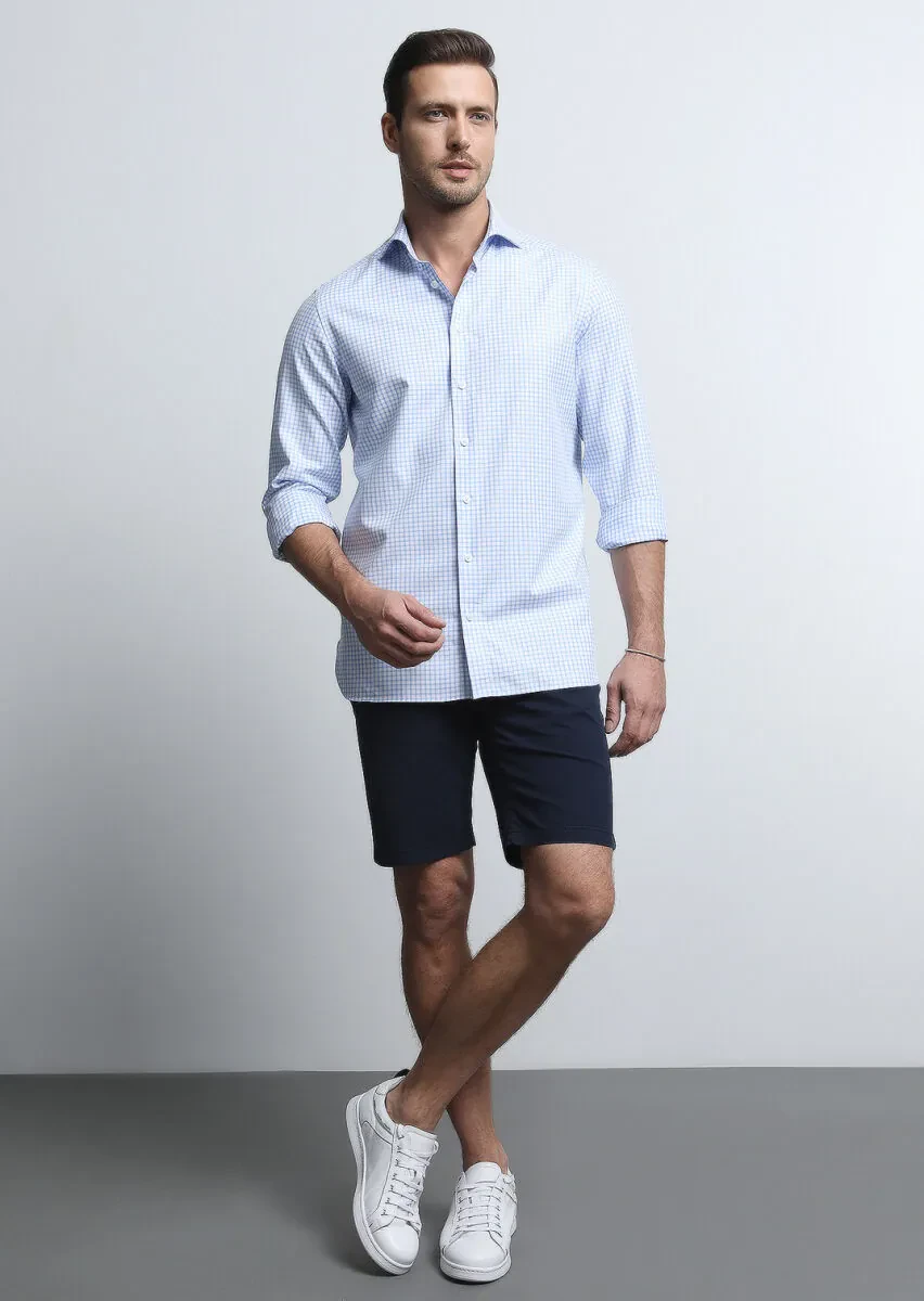 Blue Micro Regular Fit Weaving Classical 100% Cotton Shirt - 3