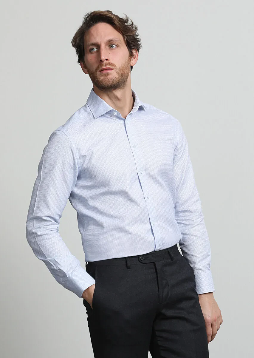 Blue Micro Regular Fit Weaving Classical 100% Cotton Shirt - 1