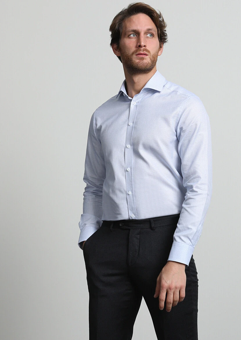 Blue Micro Regular Fit Weaving Classical 100% Cotton Shirt - 2