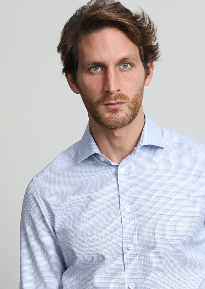 Blue Micro Regular Fit Weaving Classical 100% Cotton Shirt - 3