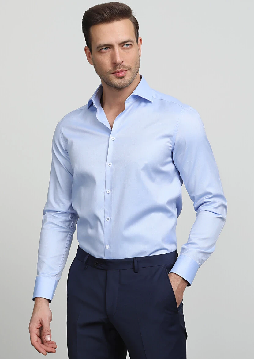 Blue Micro Regular Fit Weaving Classical 100% Cotton Shirt - 1