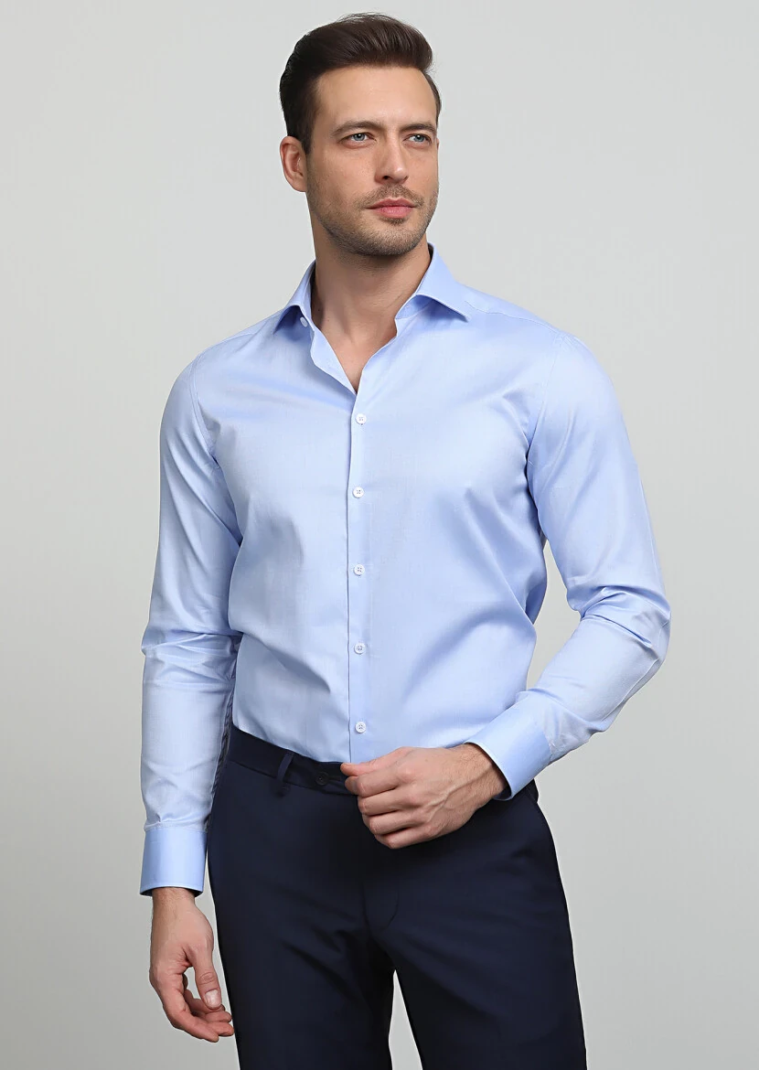 Blue Micro Regular Fit Weaving Classical 100% Cotton Shirt - 3