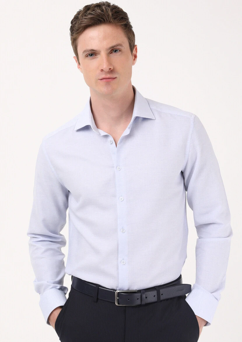 Blue Micro Regular Fit Weaving Classical 100% Cotton Shirt - 1