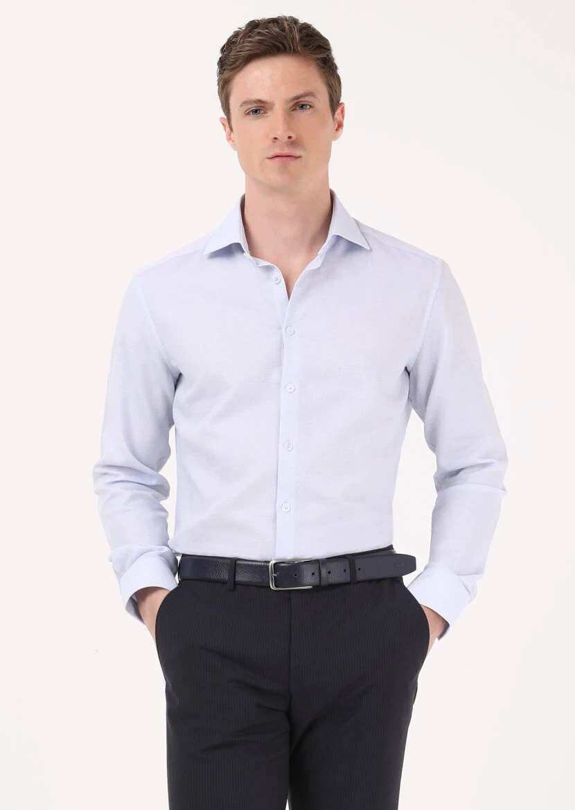 Blue Micro Regular Fit Weaving Classical 100% Cotton Shirt - 2