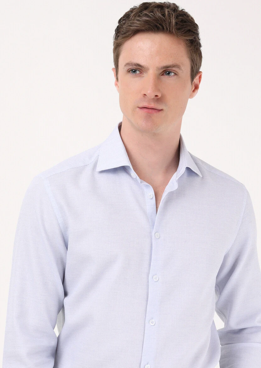 Blue Micro Regular Fit Weaving Classical 100% Cotton Shirt - 3
