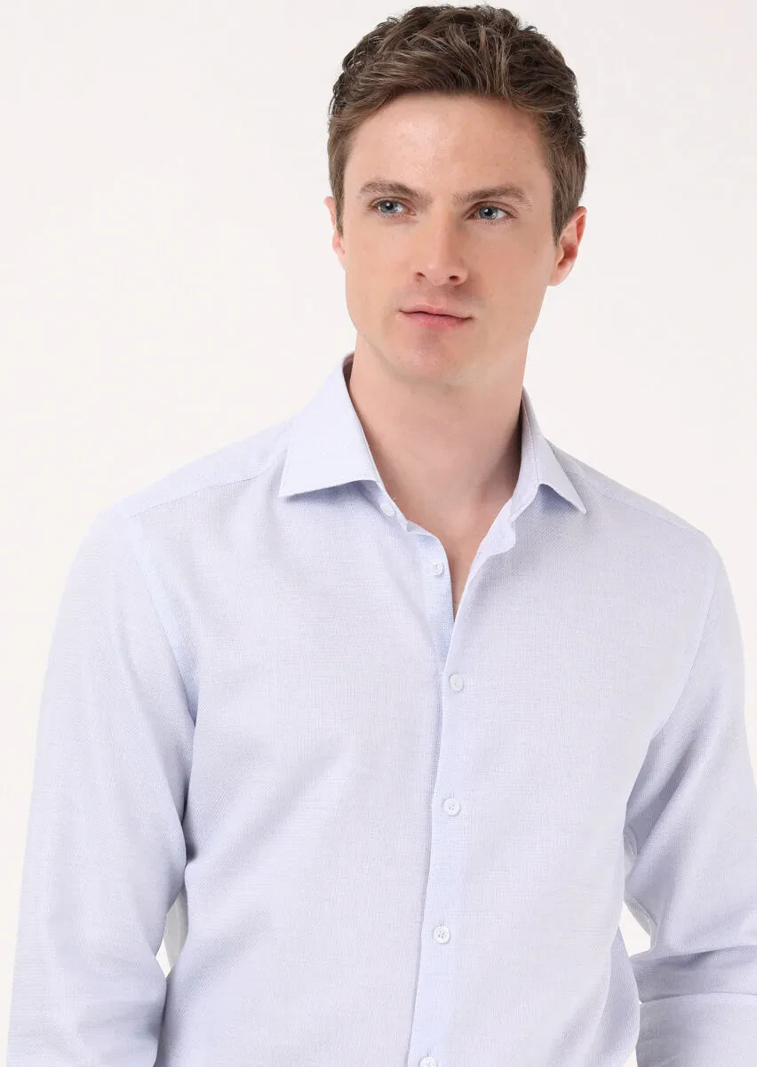 Blue Micro Regular Fit Weaving Classical 100% Cotton Shirt - 3