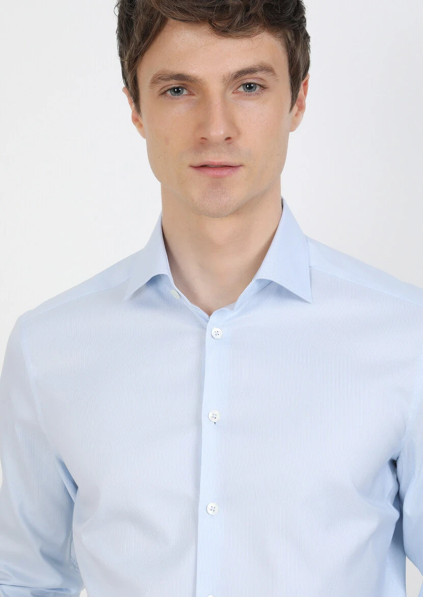 Blue Micro Regular Fit Weaving Classical 100% Cotton Shirt - 1