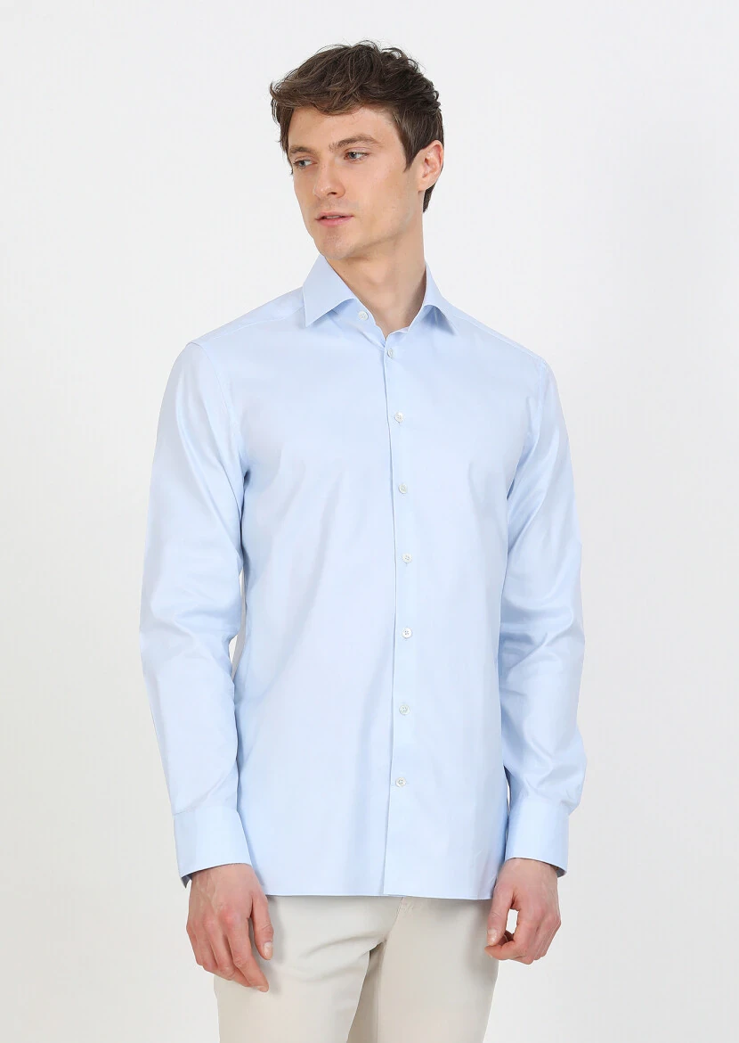 Blue Micro Regular Fit Weaving Classical 100% Cotton Shirt - 2