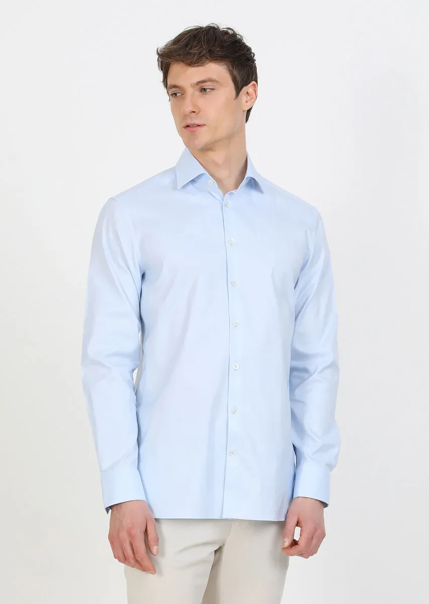 Blue Micro Regular Fit Weaving Classical 100% Cotton Shirt - 2
