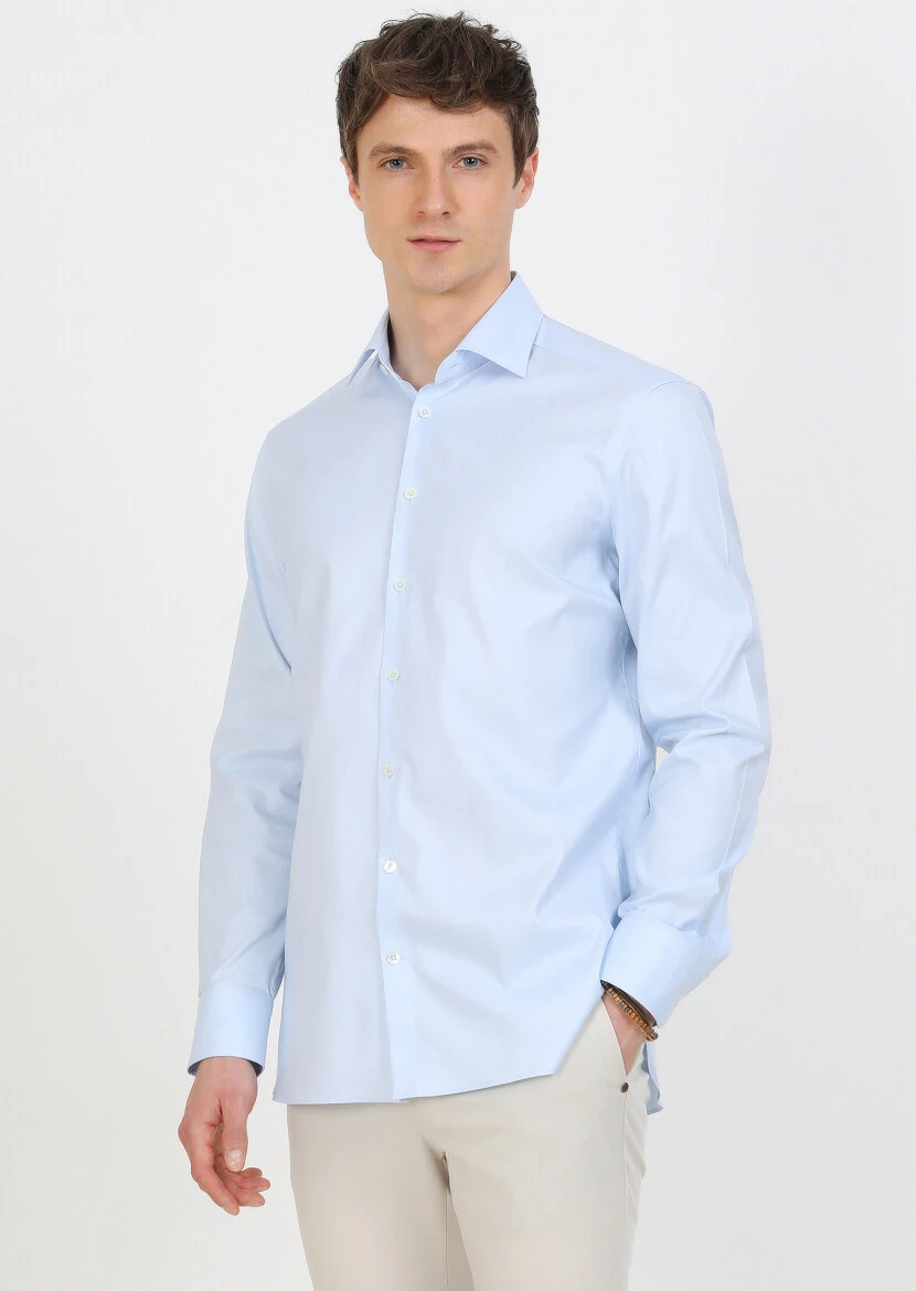Blue Micro Regular Fit Weaving Classical 100% Cotton Shirt - 4