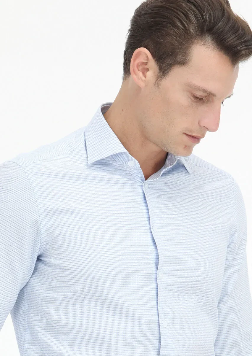 Blue Micro Regular Fit Weaving Classical 100% Cotton Shirt - 3