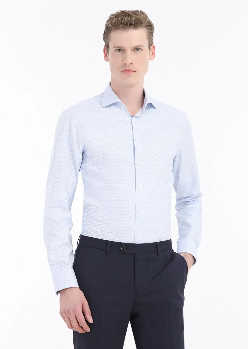 Blue Micro Regular Fit Weaving Classical 100% Cotton Shirt - 2