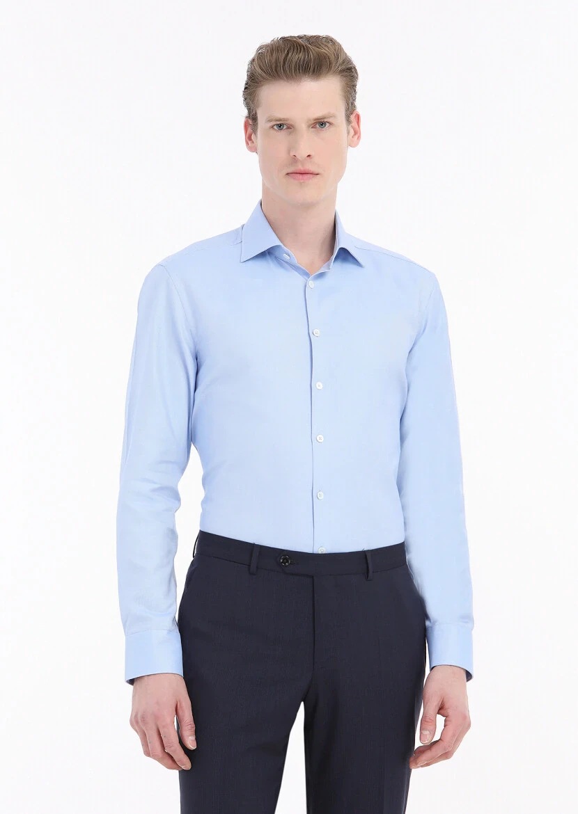 Blue Micro Regular Fit Weaving Classical 100% Cotton Shirt - 2