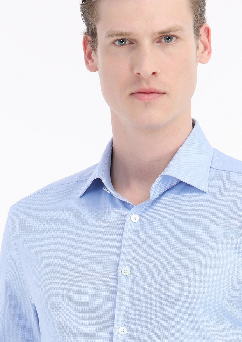 Blue Micro Regular Fit Weaving Classical 100% Cotton Shirt - 3