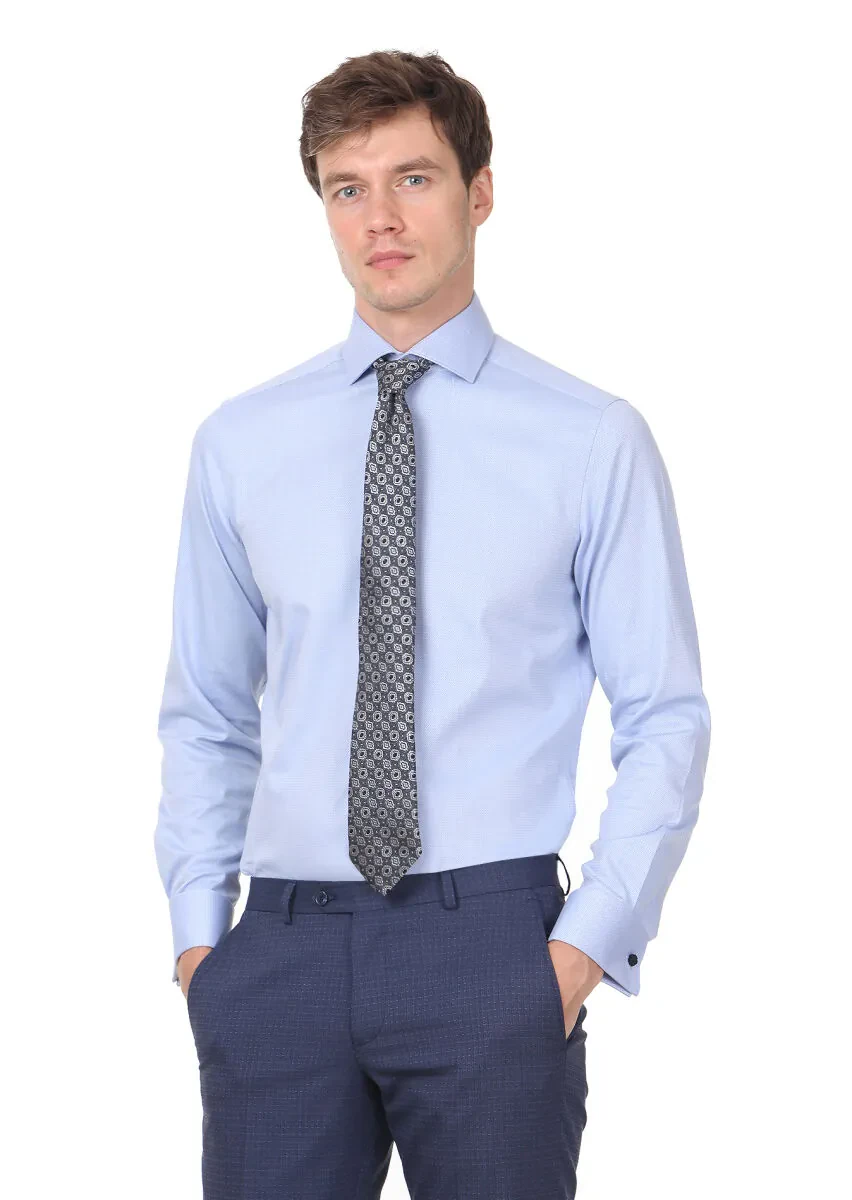 Blue Micro Regular Fit Weaving Classical Cotton Blended Shirt - 1