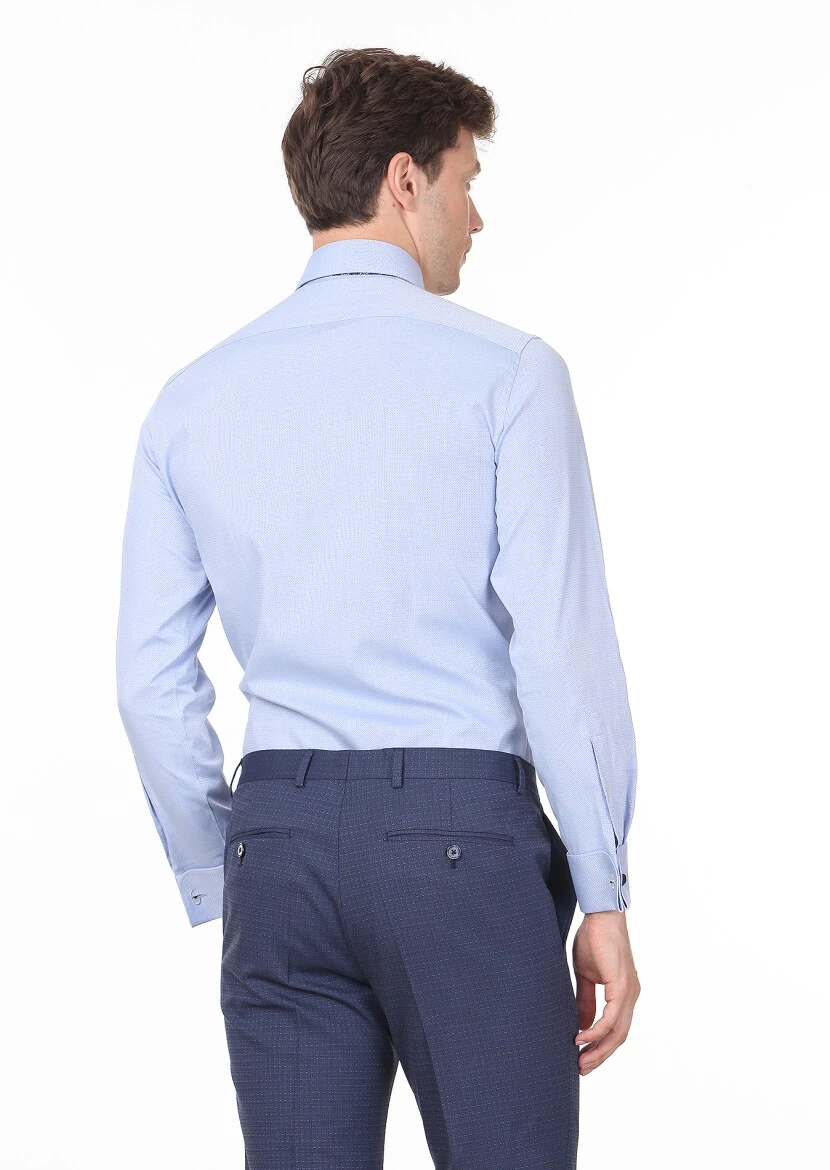 Blue Micro Regular Fit Weaving Classical Cotton Blended Shirt - 4