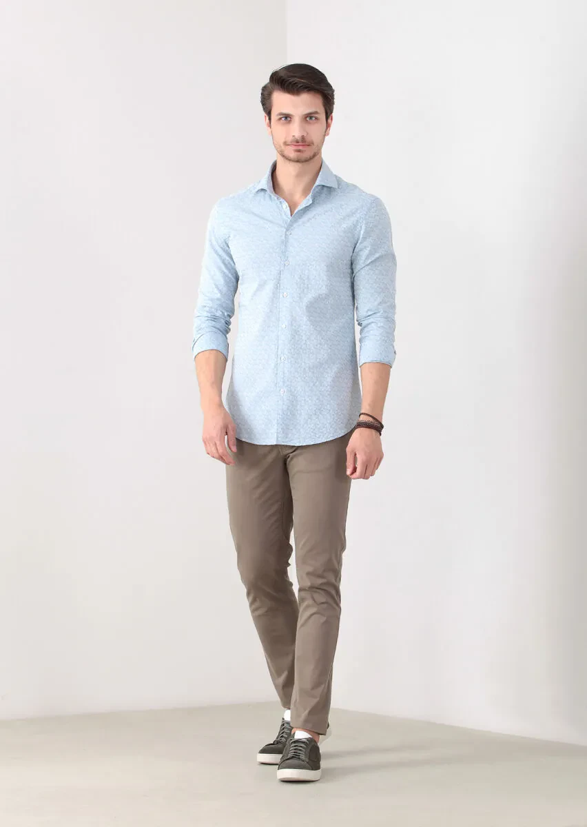 Blue Patterned Fitted Fit Weaving Casual 100% Cotton Shirt - 1