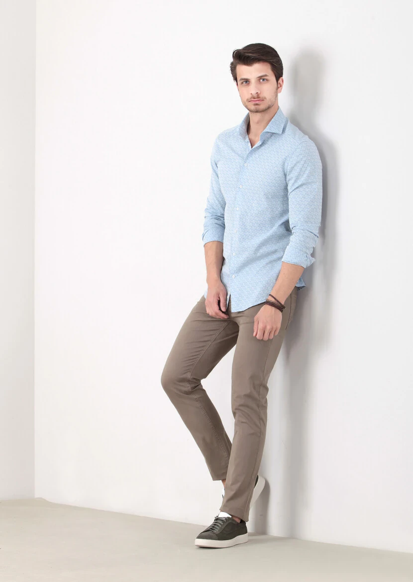 Blue Patterned Fitted Fit Weaving Casual 100% Cotton Shirt - 2