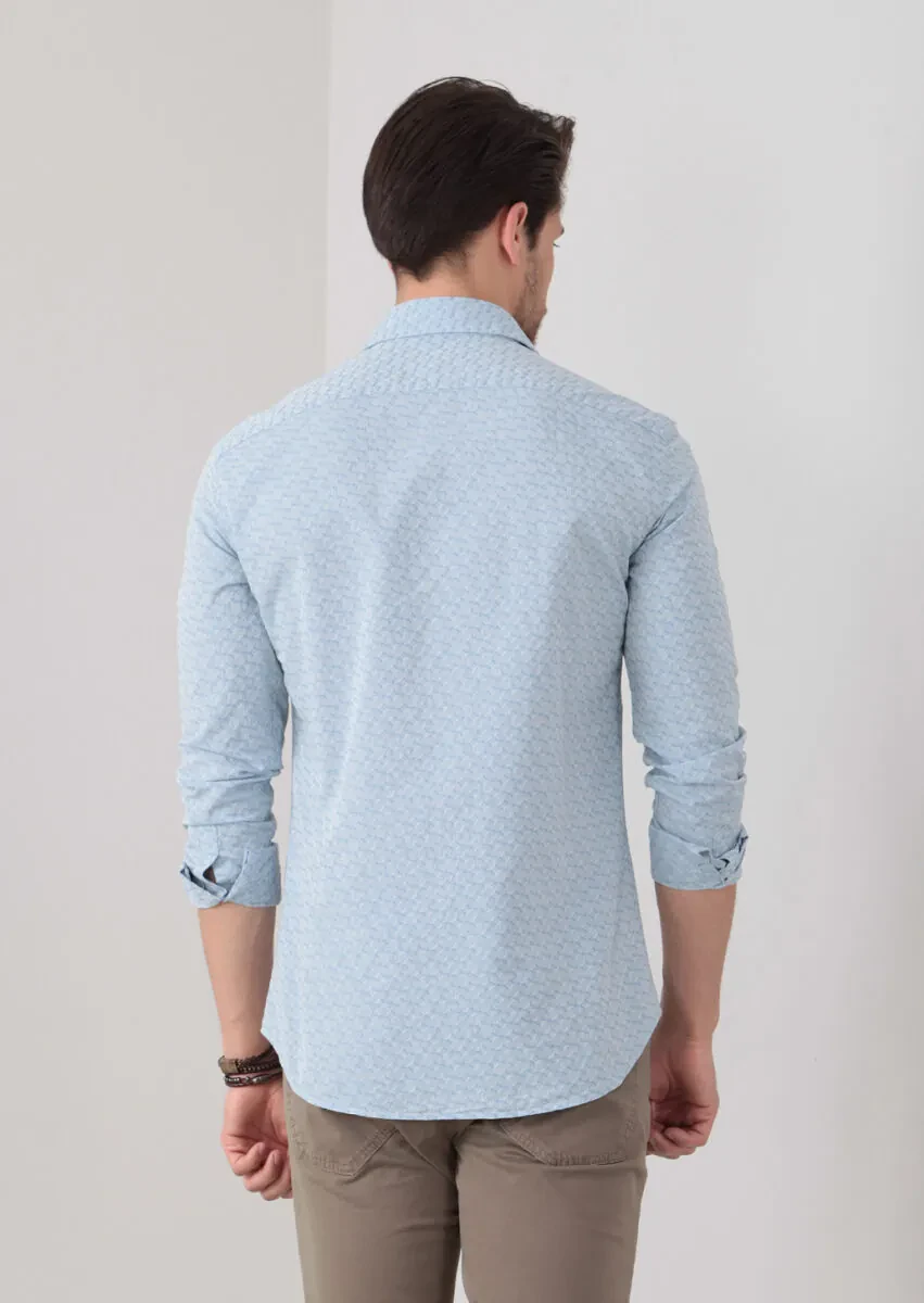 Blue Patterned Fitted Fit Weaving Casual 100% Cotton Shirt - 4