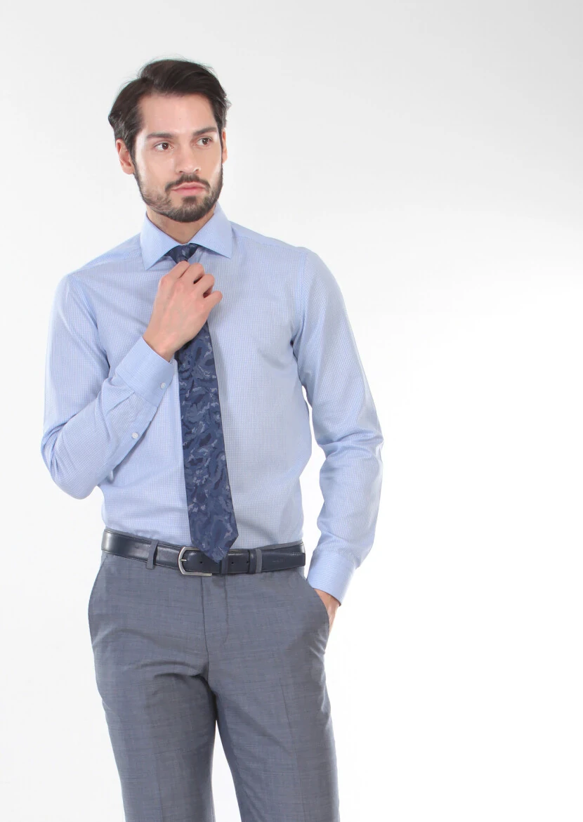 Blue Patterned Regular Fit Weaving Classical 100% Cotton Shirt - 1