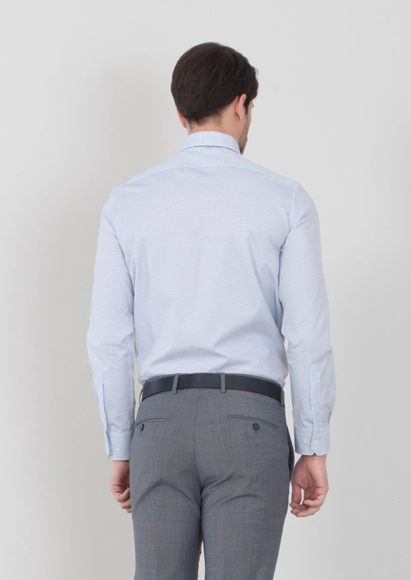 Blue Patterned Regular Fit Weaving Classical 100% Cotton Shirt - 4