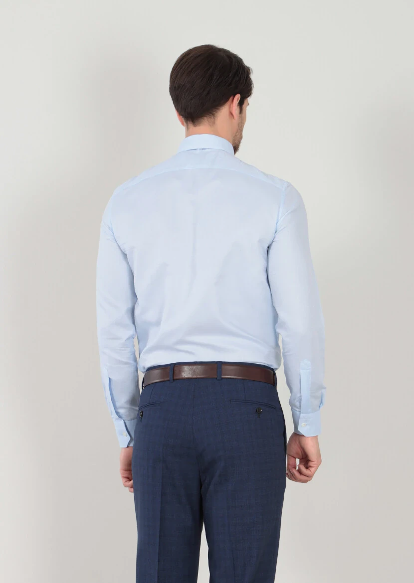 Blue Patterned Regular Fit Weaving Classical 100% Cotton Shirt - 4