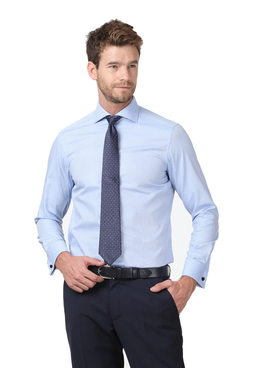 Blue Patterned Regular Fit Weaving Classical 100% Cotton Shirt - 1