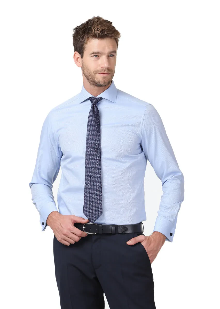 Blue Patterned Regular Fit Weaving Classical 100% Cotton Shirt - 1