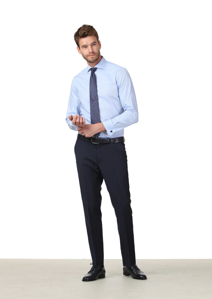 Blue Patterned Regular Fit Weaving Classical 100% Cotton Shirt - 2