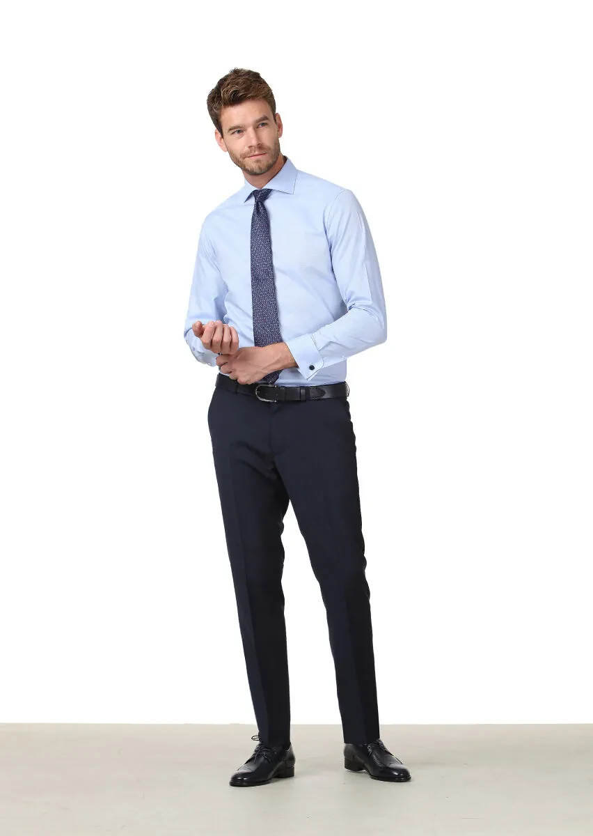 Blue Patterned Regular Fit Weaving Classical 100% Cotton Shirt - 2