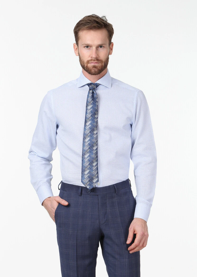 Blue Patterned Regular Fit Weaving Classical 100% Cotton Shirt - 1