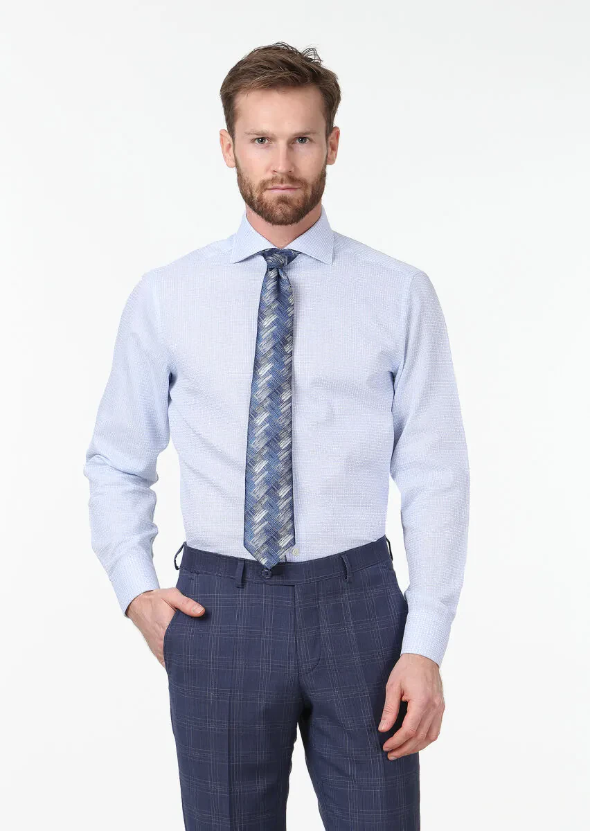 Blue Patterned Regular Fit Weaving Classical 100% Cotton Shirt - 1