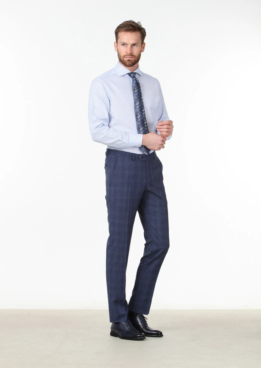 Blue Patterned Regular Fit Weaving Classical 100% Cotton Shirt - 2