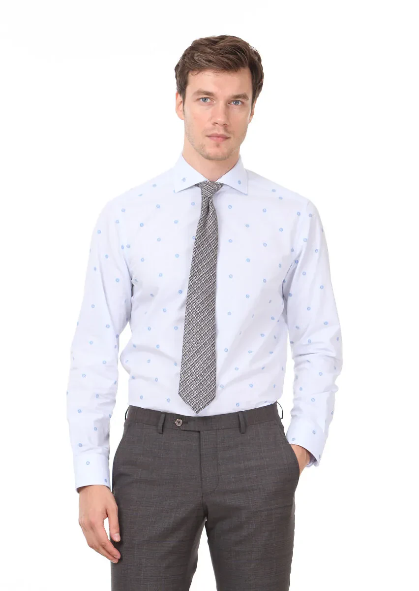 Blue Patterned Regular Fit Weaving Classical 100% Cotton Shirt - 1