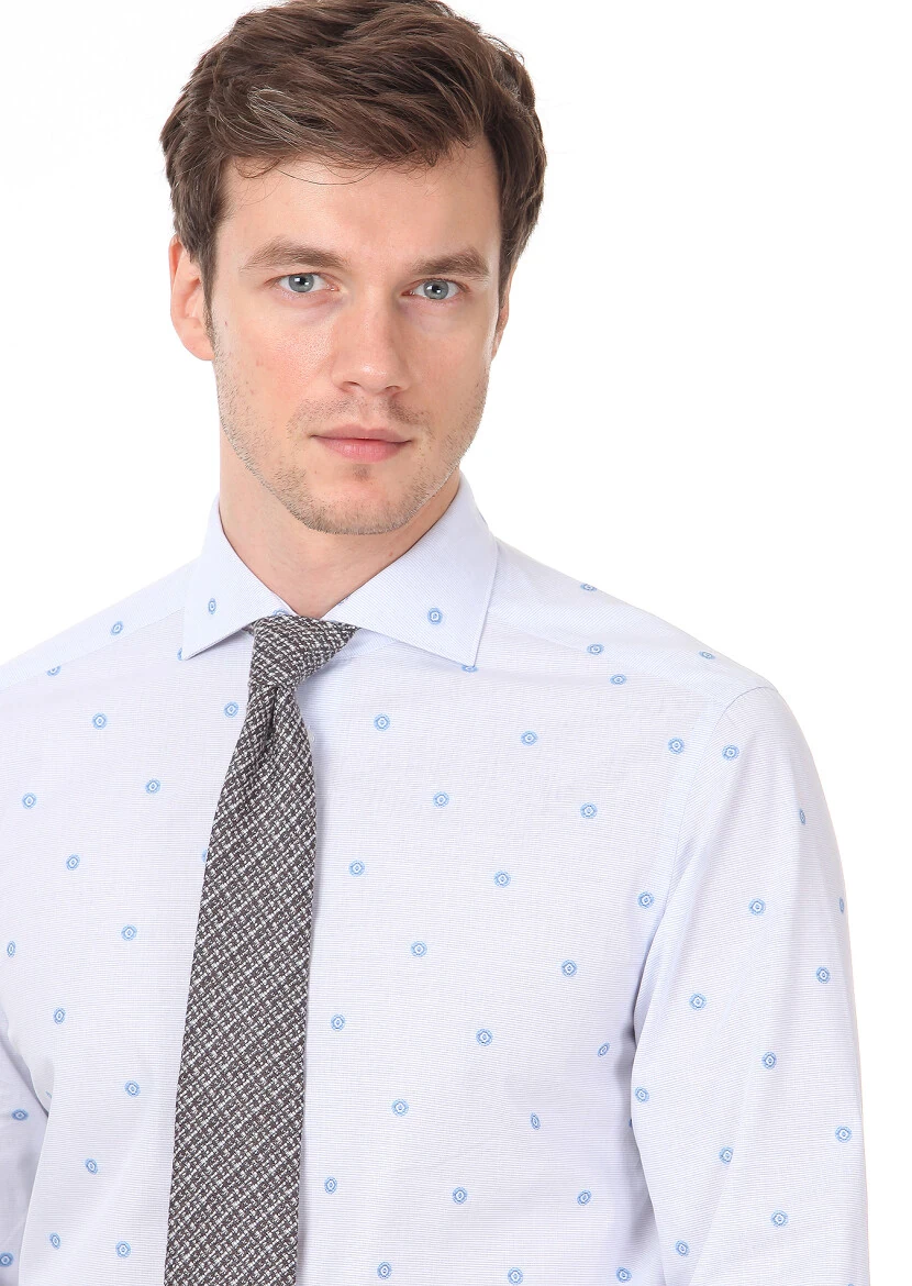 Blue Patterned Regular Fit Weaving Classical 100% Cotton Shirt - 3