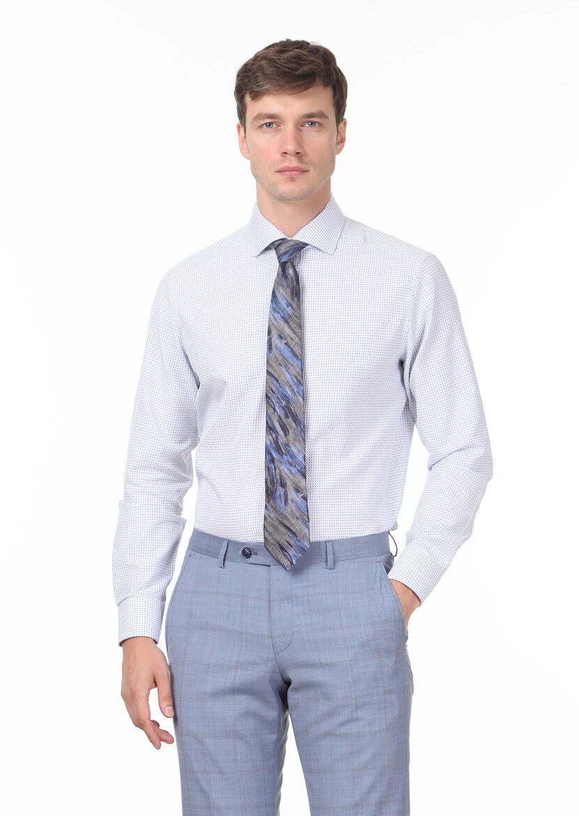 Blue Patterned Regular Fit Weaving Classical 100% Cotton Shirt - 1